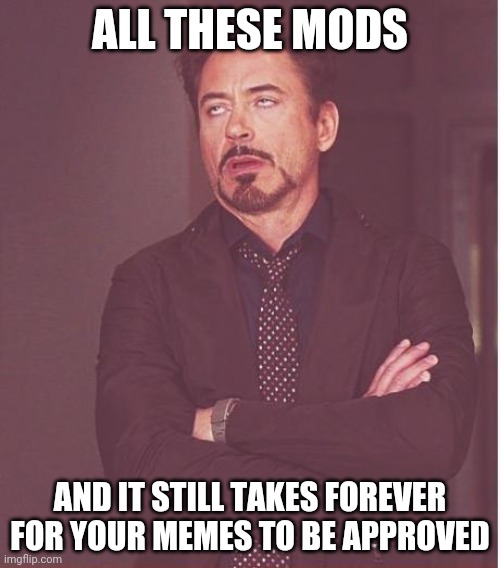 This is joke don't be offended | ALL THESE MODS; AND IT STILL TAKES FOREVER FOR YOUR MEMES TO BE APPROVED | image tagged in memes,face you make robert downey jr | made w/ Imgflip meme maker