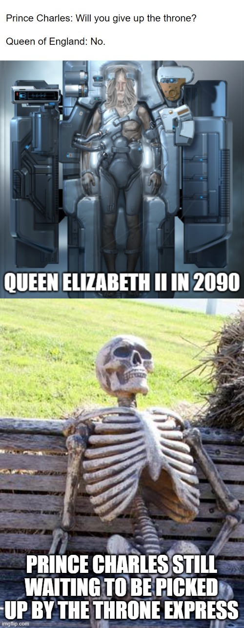 PRINCE CHARLES STILL WAITING TO BE PICKED UP BY THE THRONE EXPRESS | image tagged in memes,waiting skeleton,english,queen of england,britain,prince charles | made w/ Imgflip meme maker