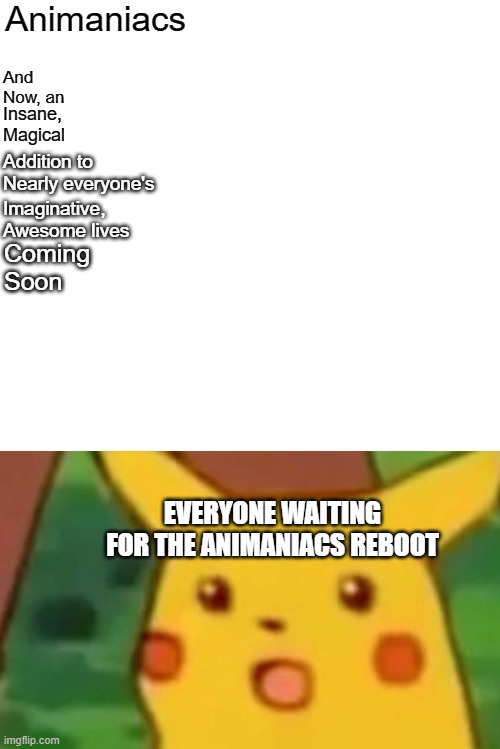 Surprised Pikachu Meme | Animaniacs; And
Now, an; Insane,
Magical; Addition to
Nearly everyone's; Imaginative,
Awesome lives; Coming
Soon; EVERYONE WAITING FOR THE ANIMANIACS REBOOT | image tagged in memes,surprised pikachu | made w/ Imgflip meme maker