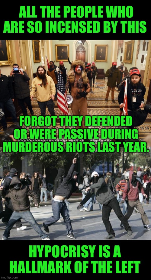 Hypocrisy is the lefts Trademark | ALL THE PEOPLE WHO ARE SO INCENSED BY THIS; FORGOT THEY DEFENDED OR WERE PASSIVE DURING MURDEROUS RIOTS LAST YEAR. HYPOCRISY IS A HALLMARK OF THE LEFT | image tagged in capitol buffalo guy,rioters,leftists,communist socialist,democratic socialism,murder most foul | made w/ Imgflip meme maker