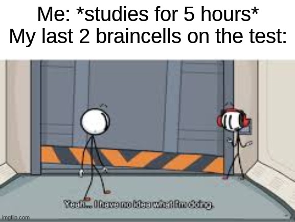 Don't act like this never happens to you! | Me: *studies for 5 hours*
My last 2 braincells on the test: | image tagged in henry stickmin,charles,test | made w/ Imgflip meme maker