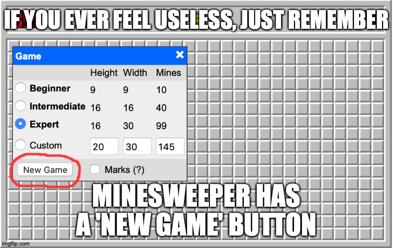 Boop The Face | IF YOU EVER FEEL USELESS, JUST REMEMBER; MINESWEEPER HAS A 'NEW GAME' BUTTON; https://www.youtube.com/watch?v=wfUlLigkDuQ | image tagged in memes,minesweeper,this is useless,motivation | made w/ Imgflip meme maker