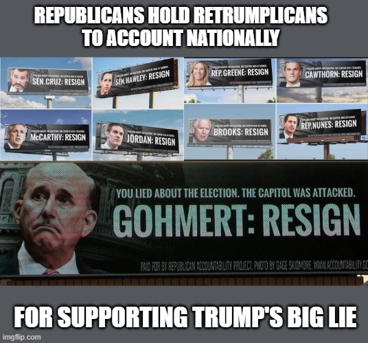 Republicans go after self serving corrupt politicians within their party nationally | REPUBLICANS HOLD RETRUMPLICANS 
TO ACCOUNT NATIONALLY; FOR SUPPORTING TRUMP'S BIG LIE | image tagged in donald trump,election 2020,gop scammers,liars,sychophants,morally bankrupt | made w/ Imgflip meme maker
