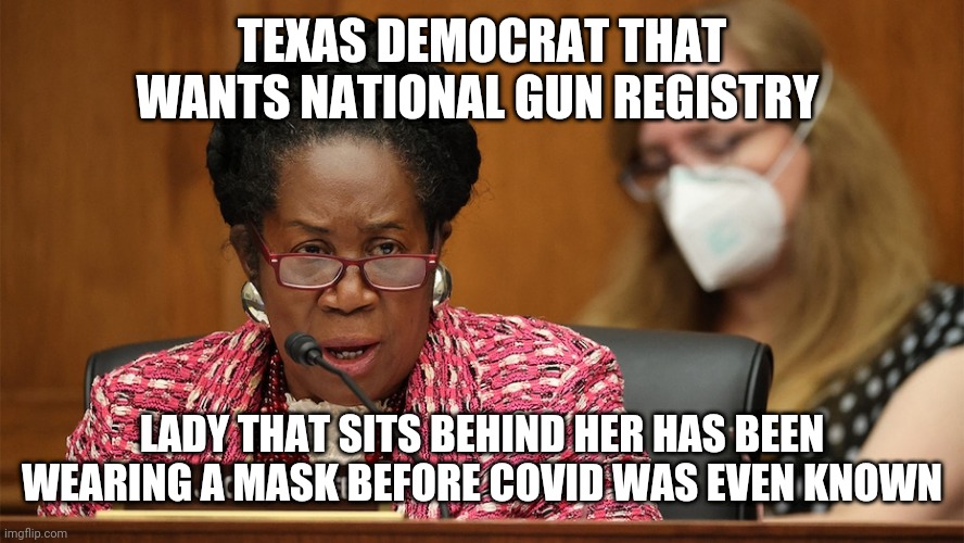 TEXAS DEMOCRAT THAT WANTS NATIONAL GUN REGISTRY; LADY THAT SITS BEHIND HER HAS BEEN WEARING A MASK BEFORE COVID WAS EVEN KNOWN | image tagged in politics | made w/ Imgflip meme maker