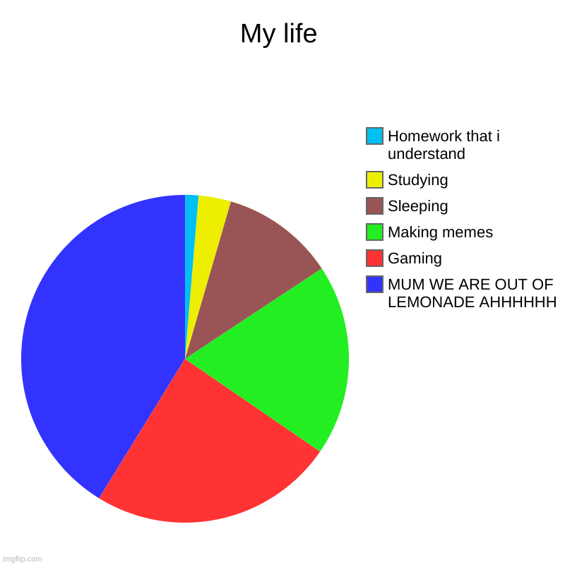 MY LIFE | My life | MUM WE ARE OUT OF LEMONADE AHHHHHH, Gaming, Making memes, Sleeping, Studying, Homework that i understand | image tagged in charts,pie charts | made w/ Imgflip chart maker