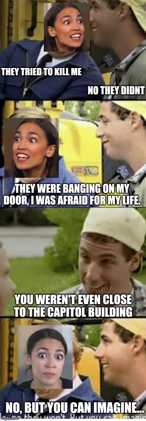 Billy Madison Bus driver convo | THEY TRIED TO KILL ME; NO THEY DIDNT; THEY WERE BANGING ON MY DOOR, I WAS AFRAID FOR MY LIFE. YOU WEREN'T EVEN CLOSE TO THE CAPITOL BUILDING; NO, BUT YOU CAN IMAGINE... | image tagged in billy madison bus driver convo | made w/ Imgflip meme maker