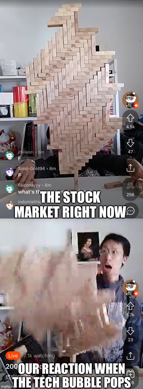 The Next Market Crash |  THE STOCK MARKET RIGHT NOW; OUR REACTION WHEN THE TECH BUBBLE POPS | image tagged in stock market,tech bubble,market crash,wolf of wallstreet,wall street,tech stocks | made w/ Imgflip meme maker