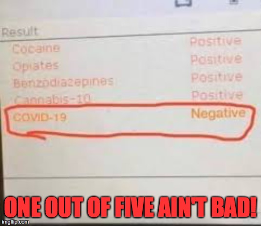 blood test results | ONE OUT OF FIVE AIN'T BAD! | image tagged in covid-19 | made w/ Imgflip meme maker