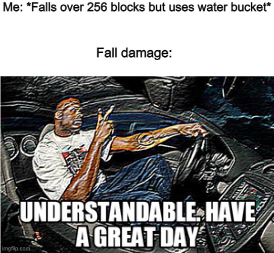It's not hacks, It's skills... | Me: *Falls over 256 blocks but uses water bucket*; Fall damage: | image tagged in understandable have a great day | made w/ Imgflip meme maker