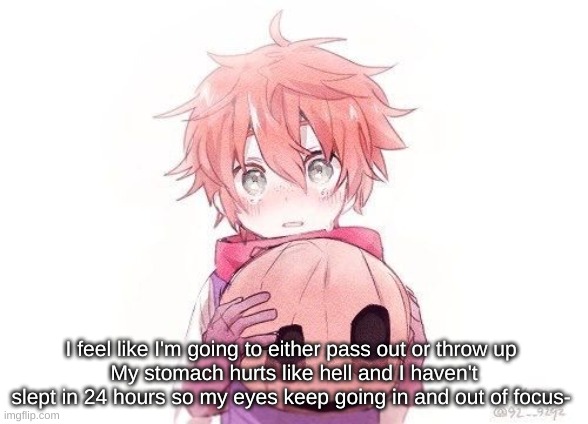 I feel like I'm going to either pass out or throw up 
My stomach hurts like hell and I haven't slept in 24 hours so my eyes keep going in and out of focus- | made w/ Imgflip meme maker