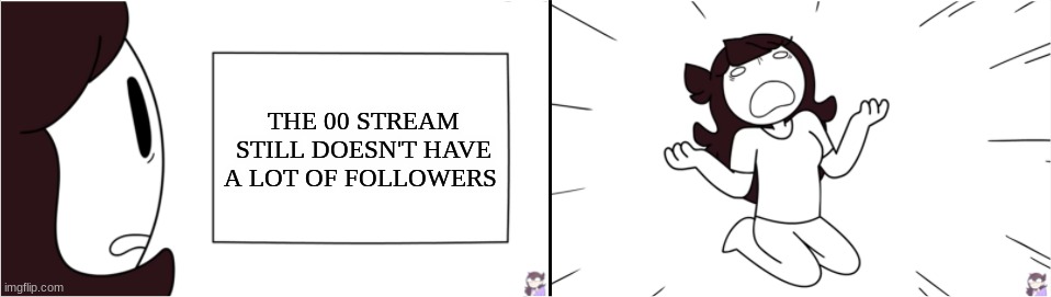 please go check it out | THE 00 STREAM STILL DOESN'T HAVE A LOT OF FOLLOWERS | image tagged in jaiden reads a sign | made w/ Imgflip meme maker