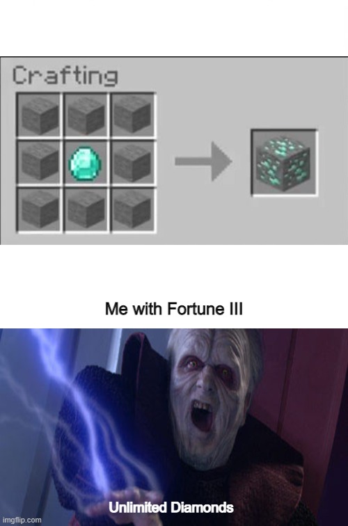 I'm now the most powerful Minecraft player... | Me with Fortune III; Unlimited Diamonds | image tagged in white template | made w/ Imgflip meme maker