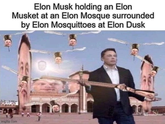 Elon Musk is also perfumed with Elon MUSK fragrance... | Elon Musk holding an Elon Musket at an Elon Mosque surrounded by Elon Mosquittoes at Elon Dusk | image tagged in elon musk | made w/ Imgflip meme maker