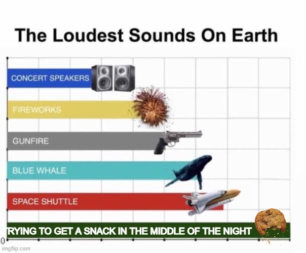yup. | TRYING TO GET A SNACK IN THE MIDDLE OF THE NIGHT | image tagged in the loudest sounds on earth,cookies | made w/ Imgflip meme maker