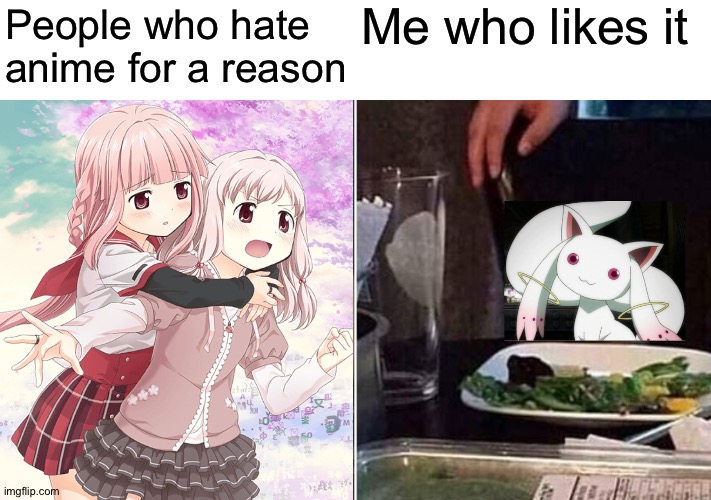 Another anime version | Me who likes it; People who hate anime for a reason | image tagged in memes,woman yelling at cat | made w/ Imgflip meme maker
