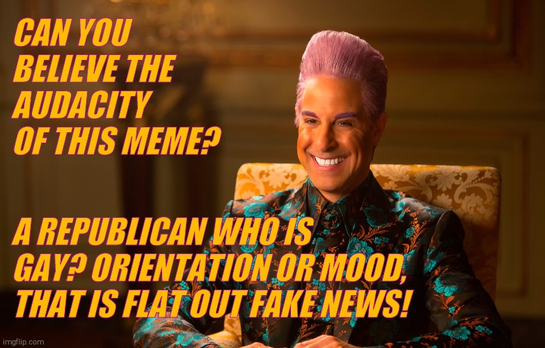 Caesar Fl | CAN YOU BELIEVE THE AUDACITY OF THIS MEME? A REPUBLICAN WHO IS GAY? ORIENTATION OR MOOD, THAT IS FLAT OUT FAKE NEWS! | image tagged in caesar fl | made w/ Imgflip meme maker