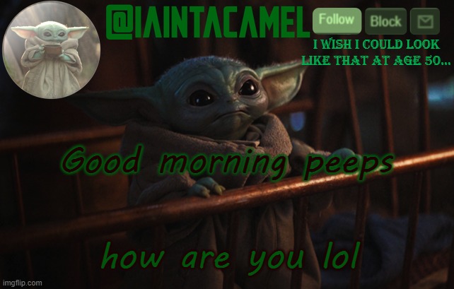 iaintacamel | Good morning peeps; how are you lol | image tagged in iaintacamel | made w/ Imgflip meme maker