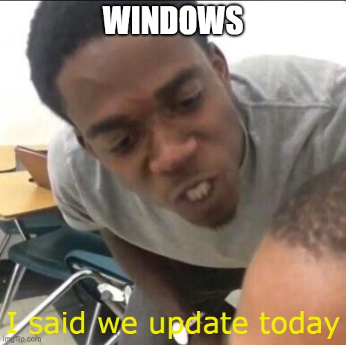 Forced Windows Update | WINDOWS; I said we update today | image tagged in i said we _____ now | made w/ Imgflip meme maker