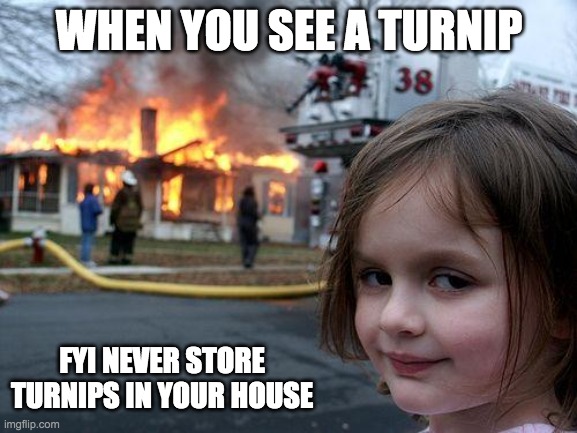 Disaster Girl | WHEN YOU SEE A TURNIP; FYI NEVER STORE TURNIPS IN YOUR HOUSE | image tagged in memes,disaster girl | made w/ Imgflip meme maker