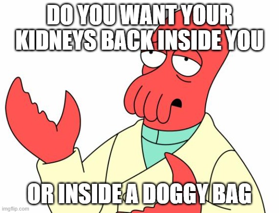 Futurama Zoidberg | DO YOU WANT YOUR KIDNEYS BACK INSIDE YOU; OR INSIDE A DOGGY BAG | image tagged in memes,futurama zoidberg | made w/ Imgflip meme maker