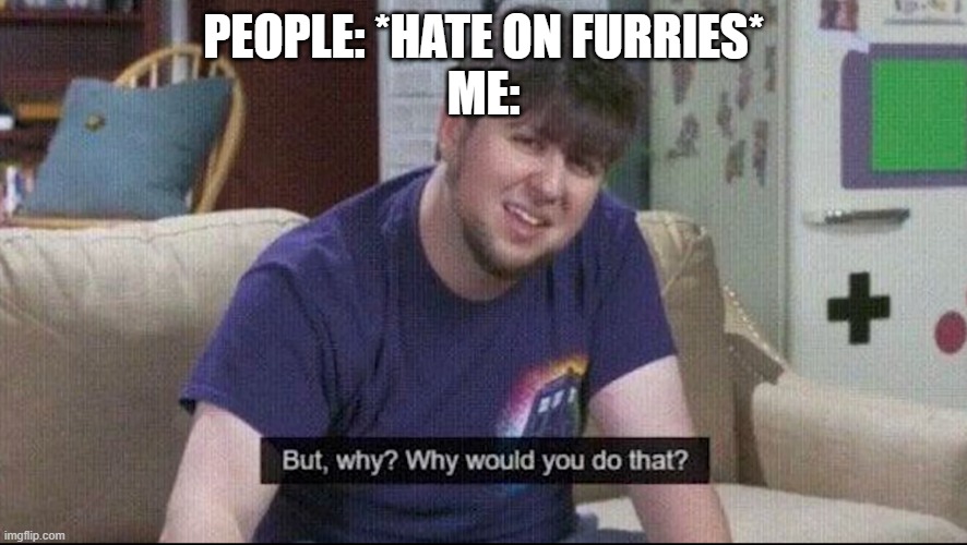 But why why would you do that? | PEOPLE: *HATE ON FURRIES*
ME: | image tagged in but why why would you do that | made w/ Imgflip meme maker