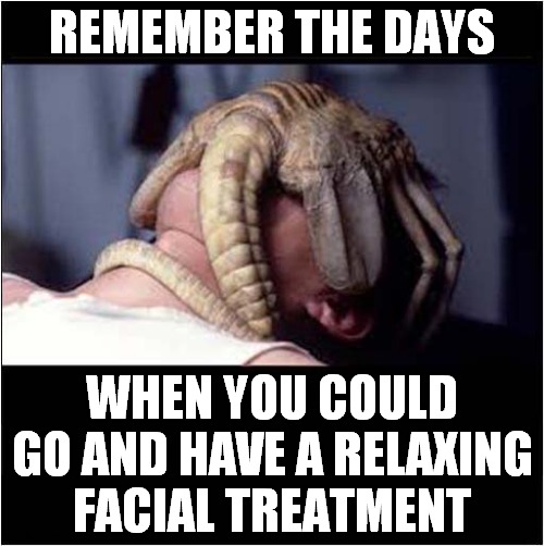 A 'Special' Smothering Spa Treatment ? | REMEMBER THE DAYS; WHEN YOU COULD GO AND HAVE A RELAXING FACIAL TREATMENT | image tagged in facial,spa treatment,alien,dark humour | made w/ Imgflip meme maker
