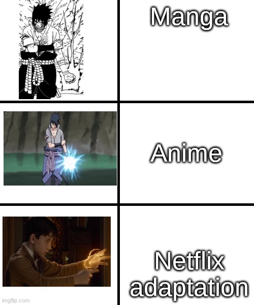 Blank template | Manga; Anime; Netflix adaptation | image tagged in blank template,manga anime netflix adaption,naruto joke | made w/ Imgflip meme maker
