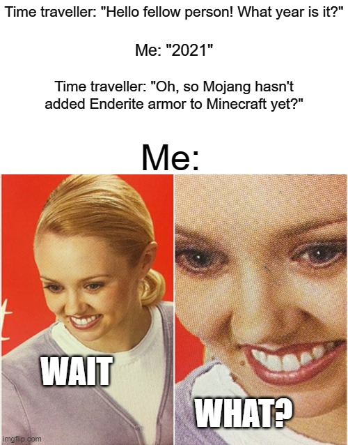 with the addition of netherite armor you never know what comes next | Time traveller: "Hello fellow person! What year is it?"; Me: "2021"; Time traveller: "Oh, so Mojang hasn't added Enderite armor to Minecraft yet?"; Me:; WAIT; WHAT? | image tagged in wait what,memes,funny,minecraft,time traveller,why do i keep on adding tags | made w/ Imgflip meme maker