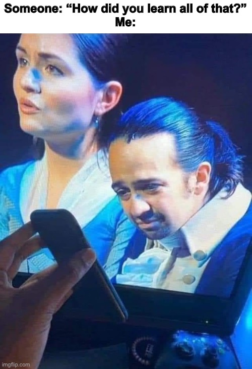 Hamilton looking at phone | Someone: “How did you learn all of that?”
Me: | image tagged in guy looking at phone | made w/ Imgflip meme maker