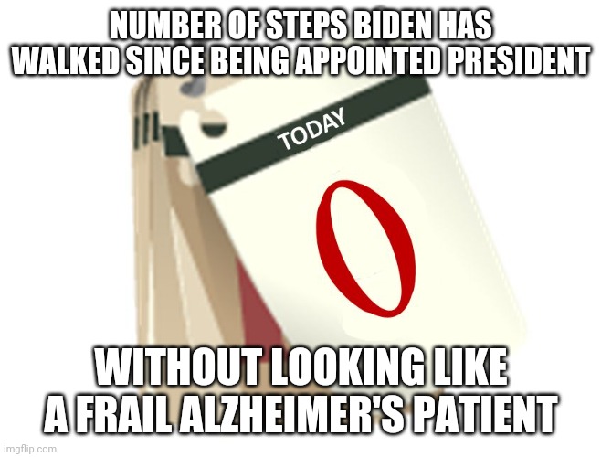 Zero Days | NUMBER OF STEPS BIDEN HAS WALKED SINCE BEING APPOINTED PRESIDENT WITHOUT LOOKING LIKE A FRAIL ALZHEIMER'S PATIENT | image tagged in zero days | made w/ Imgflip meme maker