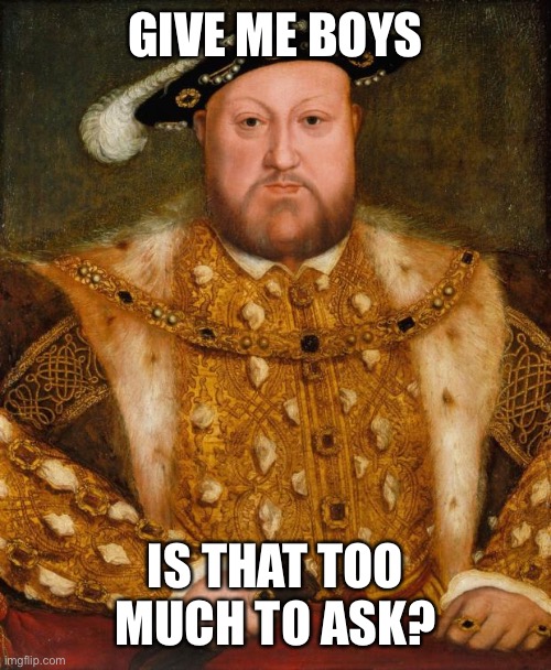 King Henry VIII | GIVE ME BOYS IS THAT TOO MUCH TO ASK? | image tagged in king henry viii | made w/ Imgflip meme maker