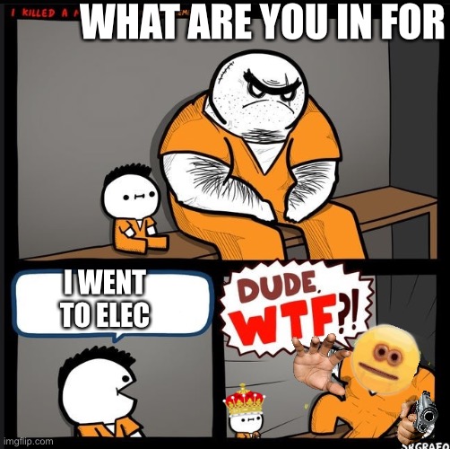 Srgrafo dude wtf | WHAT ARE YOU IN FOR; I WENT TO ELEC | image tagged in srgrafo dude wtf | made w/ Imgflip meme maker