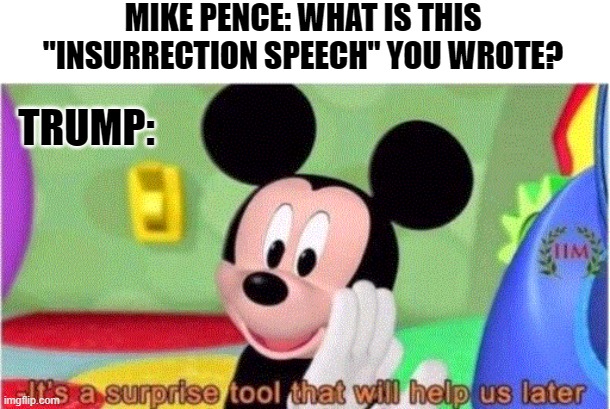 Hi I'm too lazy to name this | MIKE PENCE: WHAT IS THIS "INSURRECTION SPEECH" YOU WROTE? TRUMP: | image tagged in memes | made w/ Imgflip meme maker