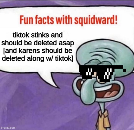 >:3 | tiktok stinks and should be deleted asap [and karens should be deleted along w/ tiktok] | image tagged in fun facts with squidward | made w/ Imgflip meme maker