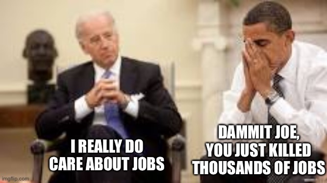 He has no idea what he did | DAMMIT JOE, YOU JUST KILLED THOUSANDS OF JOBS; I REALLY DO CARE ABOUT JOBS | image tagged in obama and biden | made w/ Imgflip meme maker
