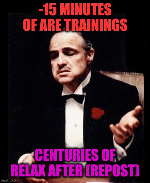 godfather | -15 MINUTES OF ARE TRAININGS CENTURIES OF RELAX AFTER (REPOST) | image tagged in godfather | made w/ Imgflip meme maker