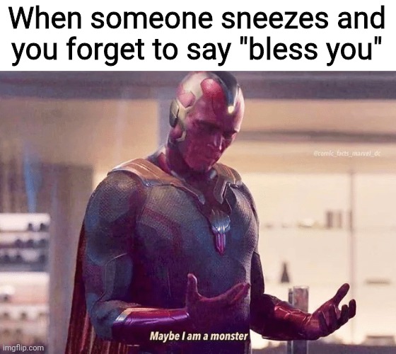 The last episode of WandaVision were CRAZY! Though, things started getting good in Episode 3 | When someone sneezes and you forget to say "bless you" | image tagged in vision is a monster,wandavision,vision,mcu,politeness,marvel | made w/ Imgflip meme maker