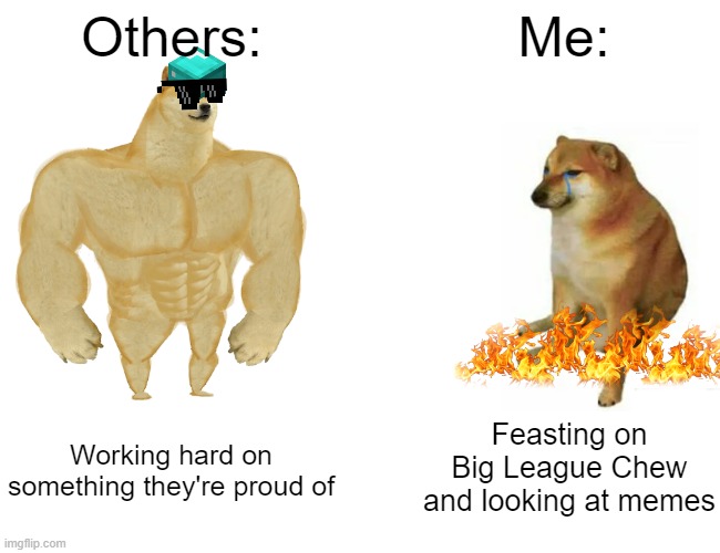 I'm not wrong tho | Others:; Me:; Working hard on something they're proud of; Feasting on Big League Chew and looking at memes | image tagged in memes,buff doge vs cheems,i am an idiot | made w/ Imgflip meme maker