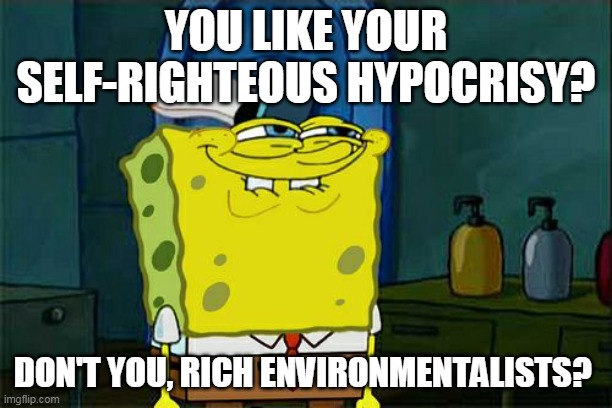 Don't You Squidward | YOU LIKE YOUR SELF-RIGHTEOUS HYPOCRISY? DON'T YOU, RICH ENVIRONMENTALISTS? | image tagged in memes,don't you squidward | made w/ Imgflip meme maker