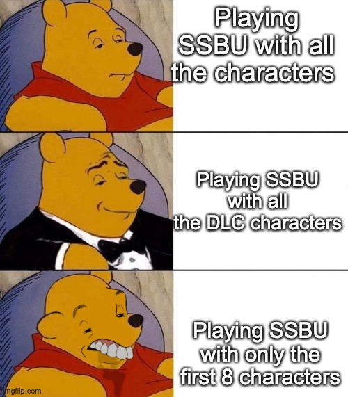 Playing SSBU | Playing SSBU with all the characters; Playing SSBU with all the DLC characters; Playing SSBU with only the first 8 characters | image tagged in best better blurst | made w/ Imgflip meme maker