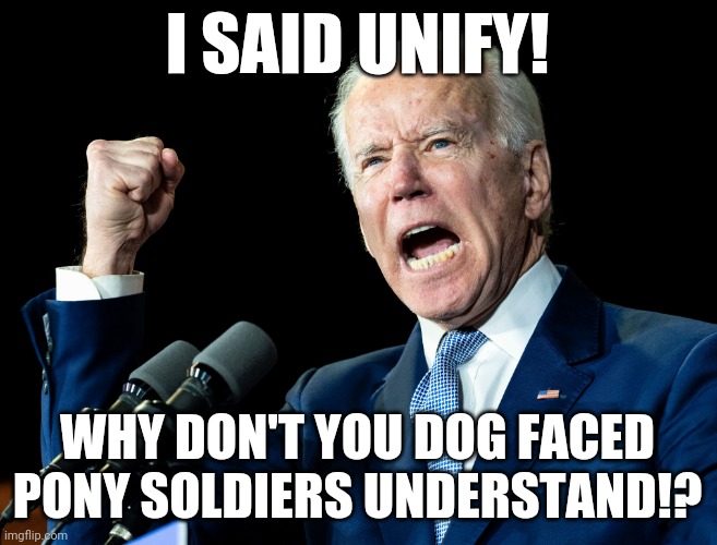 Joe Biden's fist | I SAID UNIFY! WHY DON'T YOU DOG FACED PONY SOLDIERS UNDERSTAND!? | image tagged in joe biden's fist | made w/ Imgflip meme maker