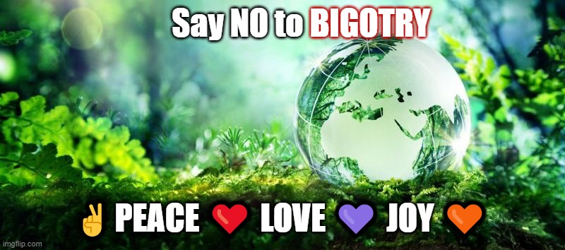 Say NO to Bigotry!! | BIGOTRY; Say NO to; ✌️ PEACE ❤️ LOVE 💜 JOY 🧡 | image tagged in bigotry,racism,sexism,ageism,peace,love | made w/ Imgflip meme maker