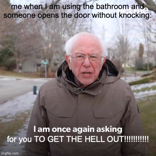 Leonado Devinche | me when I am using the bathroom and someone opens the door without knocking:; for you TO GET THE HELL OUT!!!!!!!!!!! | image tagged in memes,bernie i am once again asking for your support | made w/ Imgflip meme maker