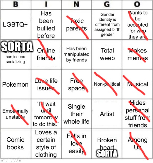 TheSuitedGayWeeb's Bingo | SORTA; SORTA | image tagged in jer-sama's bingo | made w/ Imgflip meme maker