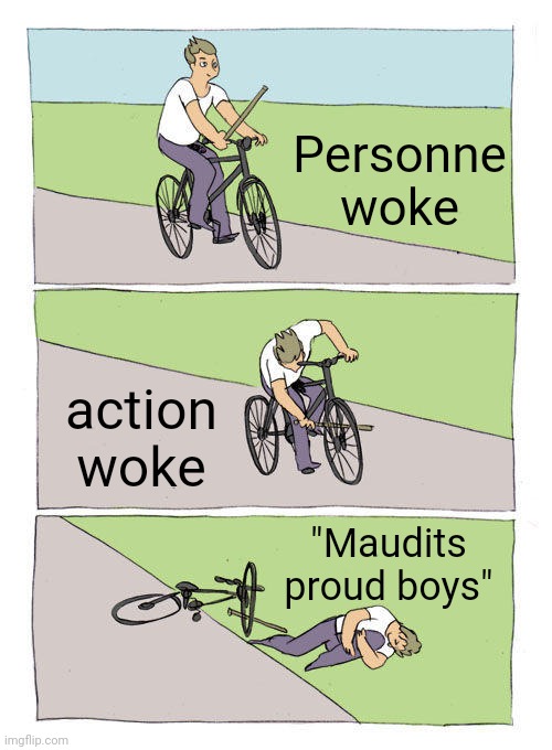 Bike Fall Meme | Personne woke; action woke; "Maudits proud boys" | image tagged in memes,bike fall | made w/ Imgflip meme maker