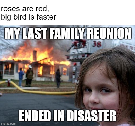 little cousins amiright | roses are red,
big bird is faster; MY LAST FAMILY REUNION; ENDED IN DISASTER | image tagged in memes,disaster girl | made w/ Imgflip meme maker
