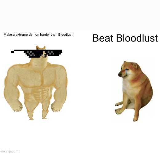 Geometry Dash Buff Doge VS Cheems 1: Bloodlust | Make a extreme demon harder than Bloodlust; Beat Bloodlust | image tagged in memes,buff doge vs cheems | made w/ Imgflip meme maker