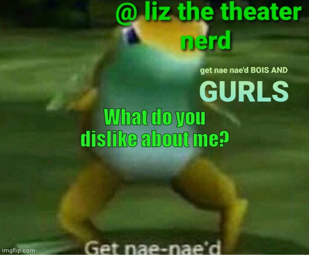Liz the theater nerd announcement template 4 | What do you dislike about me? | image tagged in liz the theater nerd announcement template 4 | made w/ Imgflip meme maker