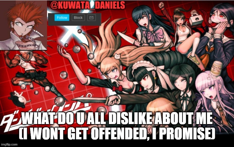 WHAT DO U ALL DISLIKE ABOUT ME
(I WONT GET OFFENDED, I PROMISE) | made w/ Imgflip meme maker
