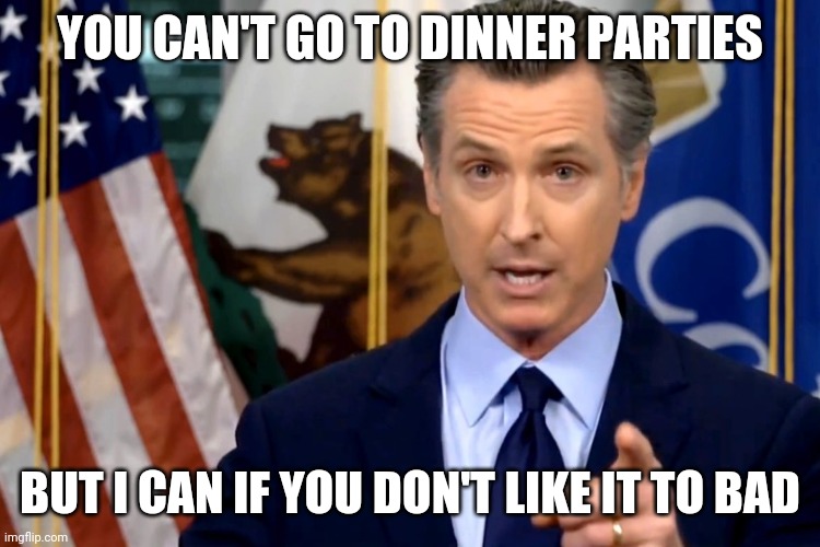 Gavin Newsom | YOU CAN'T GO TO DINNER PARTIES; BUT I CAN IF YOU DON'T LIKE IT TO BAD | image tagged in gavin newsom | made w/ Imgflip meme maker
